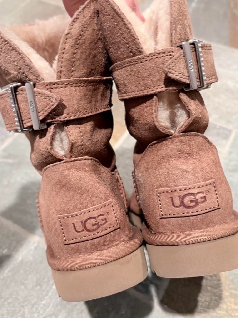 UGG Brown Suede Shearling Ankle Boots with Buckle